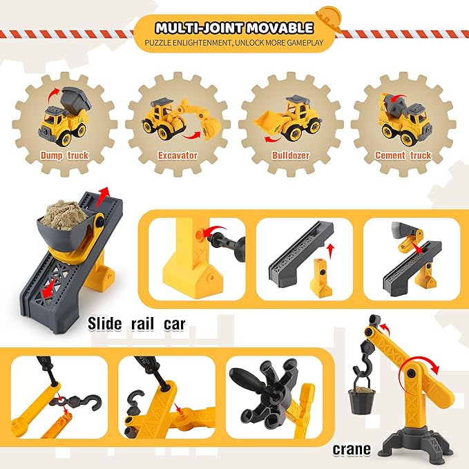 Asoxt Construction Sensory Playset - 43pcs Play Sand Art Kit- 2 lbs Sand,Sandbox,4 DIY Construction Trucks,Crane,Conveyor,8 Sand Molds,6 Figures,12 Road Signs - Ideal Toy for Boys & Girls Ages 3+