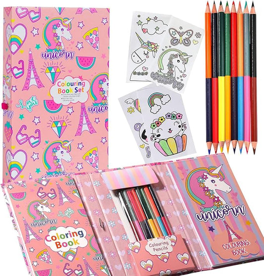Unicorn Coloring Book Set with Coloring Pages & Colored Pencils, Art Supplies for Kids Ages 4-6-8, Arts Crafts Travel Coloring Kit for Girls 4 5 6 7 8 Year Old Birthday Gift