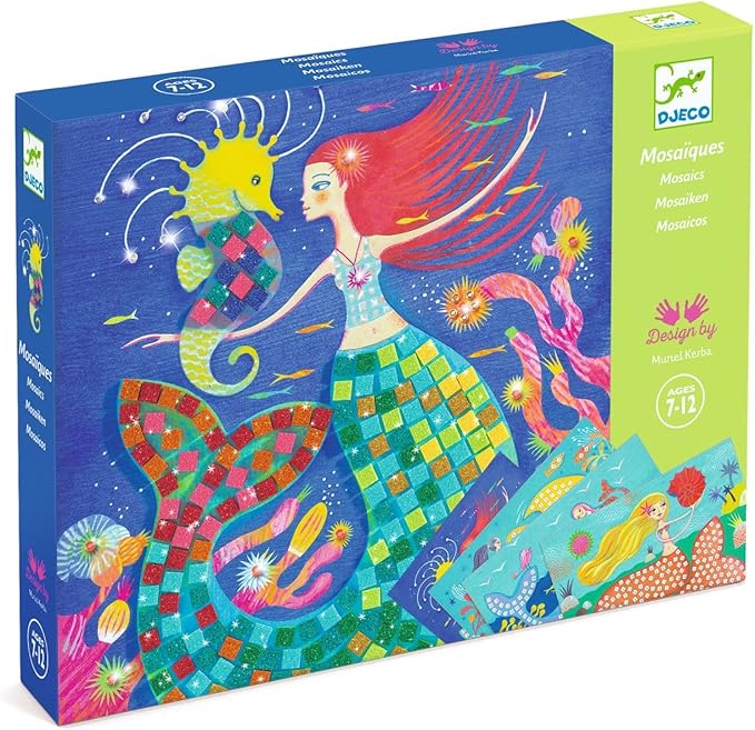 DJECO Mermaid's Song Mosaic Arts & Crafts Kit - Create Your Own Glittery Underwater Scene for School - Fun & Creative for Family & Friends, Boys & Girls, Educational, Sticker Foam for Kids 5+