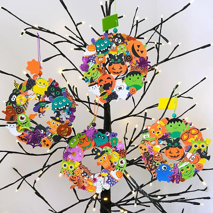 Winlyn 12-Pack Halloween Craft Kits Fall Crafts DIY Halloween Wreath Ornaments Decorations Art Sets Halloween Foam Stickers Arts and Crafts for Kids Classroom Party Activities Holiday Festive Projects