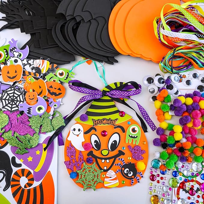 Winlyn 24 Sets Halloween Craft Kits DIY Halloween Pumpkin Ghost Bat Black Tree Ornaments Decorations Art Sets Fall Crafts Foam Stickers Arts and Crafts Supplies Kit for Kids Party Classroom Activities