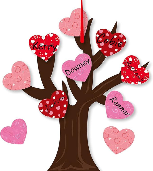 Haooryx Valentine’s Paper Craft Kits - 24-Piece Valentine’s Day Heart Tree Craft Kit DIY Hanging Ornaments with Heart Cards Red Ribbon Glue Points Kids' Classroom Activities Home Decor Exchange Gifts