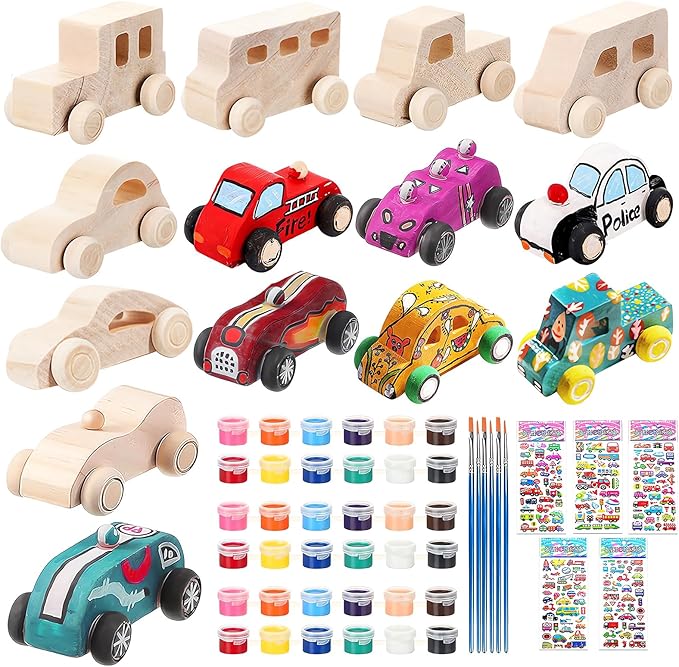 WOWOSS 14 Pcs Wooden Cars to Paint, Unfinished Wooden Craft Painting Toys for Students, Race Car Paint Party Birthday Party Favors, with 3 Sets of Paint & 5 Car Sticker Sheets