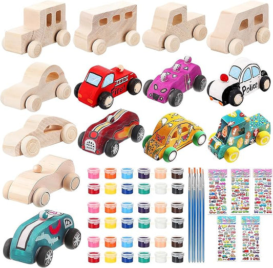 WOWOSS 14 Pcs Wooden Cars to Paint, Unfinished Wooden Craft Painting Toys for Students, Race Car Paint Party Birthday Party Favors, with 3 Sets of Paint & 5 Car Sticker Sheets