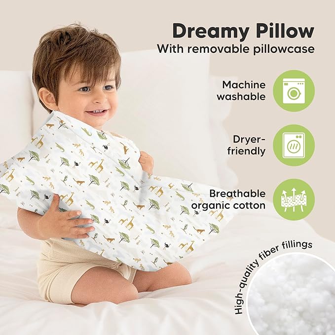 Toddler Pillow with Pillowcase - 13x18 My Little Dreamy Pillow, Organic Cotton Toddler Pillows for Sleeping, Kids Pillow, Travel Pillows, Mini Pillow, Nursery Pillow, Toddler Bed Pillow (Grasslands)