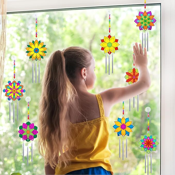 Winlyn 24 Sets Lotus Flower Suncatcher Wind Chimes Decorations DIY Window Paint Art Stickers Craft Kits Flower Sun Catchers for Kids Classroom Birthday Spring Summer Party Activities Art Project