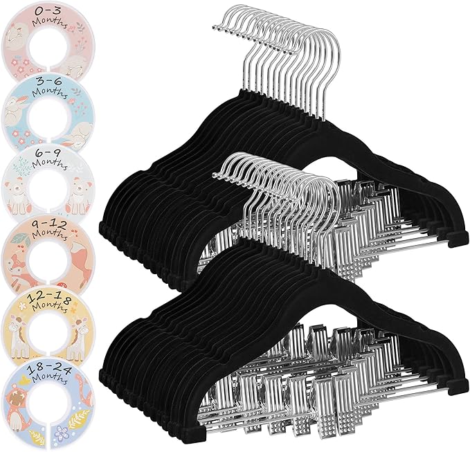SONGMICS Baby Hangers, 30 Packs Pants Hangers with Clips, Kids Hangers with 6 Clothes Dividers, Non-Slip Children’s Clothes Hangers, Pants Hangers, Black UCRF013B30