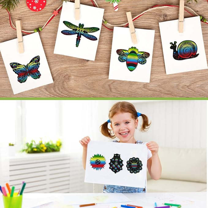 Eaasty 24 Pieces Animal Scratch Cards for Kids Butterfly Scratch Crafts Art Card Rainbow Spring Scratch Card Art Party Favors for DIY Crafts Home Decoration Project, 8 Styles