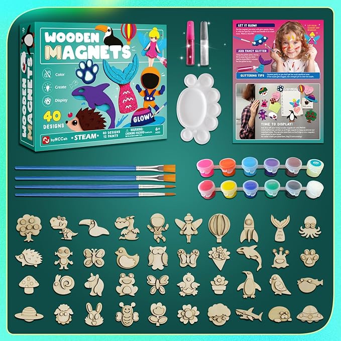 Byncceh DIY Wooden Magnets, 40 pcs Magic Magnetic Paint Set, Wood Arts and Crafts Painting Kit for Kids, Make Your Own Fridge Magnets Craft Kits Party Favors Gifts Toys for Girls Boys Ages 6-8 8-12