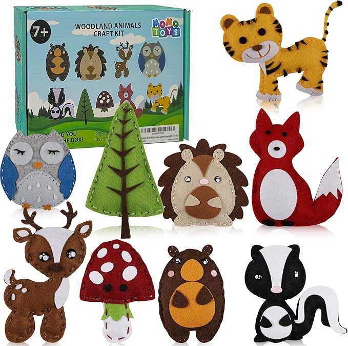 MOMOTOYS Kids Sewing Kit for Kids, Fun & Educational Woodland Animals Sew Craft Set for Boys and Girls Ages 8-12, Complete Beginner Sewing Kit with Felt Plushie for Creative DIY Projects