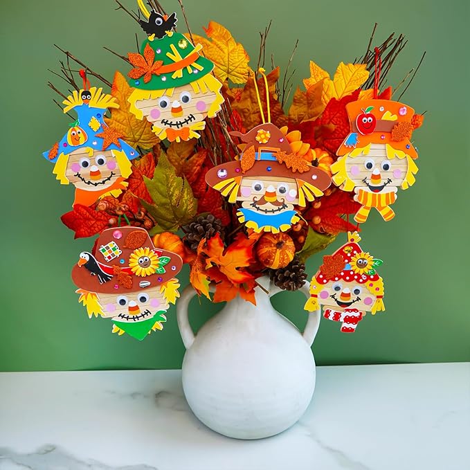 Winlyn 24 Sets Fall Craft Stick Scarecrow Head Making Kits DIY Popsicle Stick Scarecrow Heads Ornaments Art Sets for Kids Autumn Decorations Halloween Harvest Season Art Project Classroom Activities