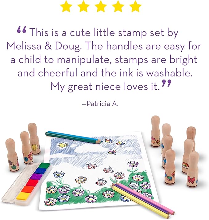 Melissa & Doug Deluxe Happy Handle Stamp Set With 10 Stamps, 5 Colored Pencils, and 6-Color Washable Ink Pad