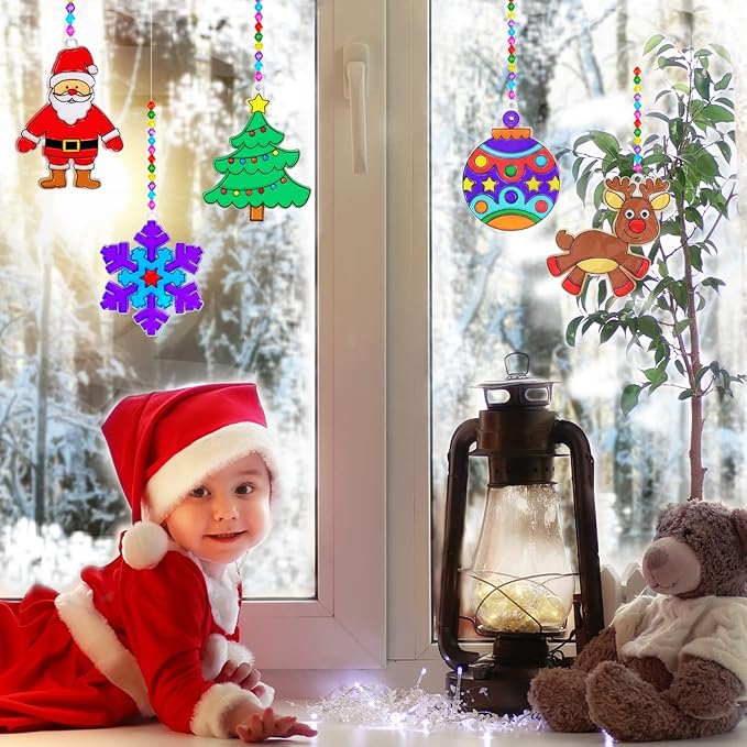 Winlyn 24 Sets Christmas Suncatchers Ornaments Decorations DIY Window Paint Art Suncatchers Christmas Craft Kits Santa Snowman Snowflake Reindeer Sun Catchers for Kids Classroom Activities Art Project