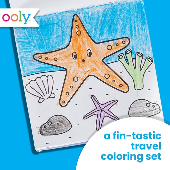 Ooly Travel Art Kit with 9 Jumbo Crayons & 48 Themed Coloring Pages & Case for Easy Traveling Art Creation, Perfect Airplane Travel Set to Entertain Kids - Sea Life