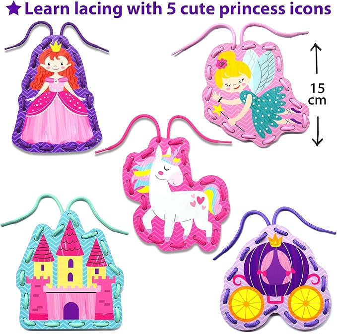 KRAFUN Beginner Unicorn My First Lacing Card Kit for Kids Arts & Crafts, 5 Easy Princess Lacing Projects, Lacing Cards for Toddlers, Fine Motor Preschool Skills Toys