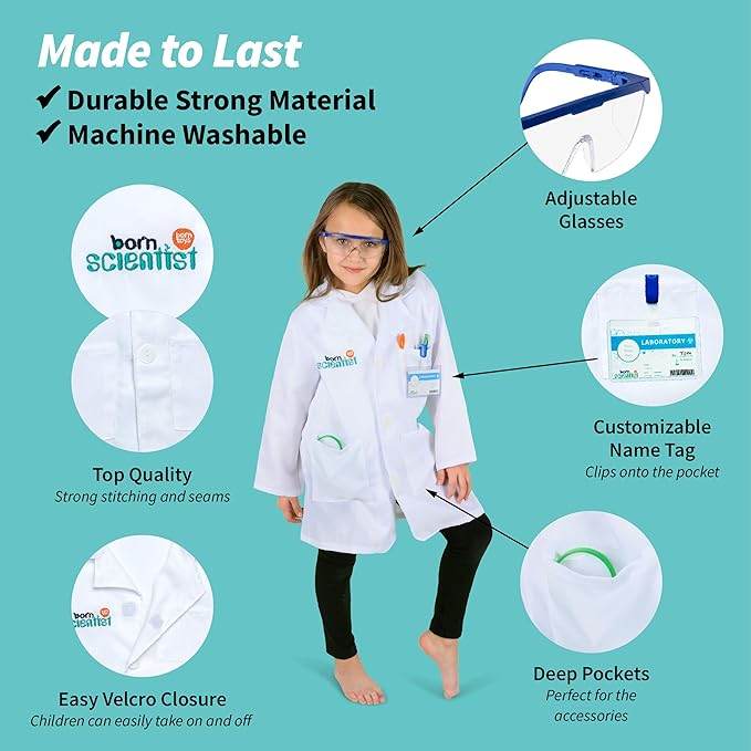 Born Toys Science Kits for Kids w/Kids Lab Coat for Ages 5-8, Includes Science Experiments for Kids, Science Toys, Kids Science Goggles, Kids Science Kits, Dress Up & Pretend Play or Kids Costume