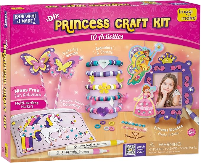 Imagimake Princess Craft Kit | 10 Mess-Free DIY Activities | Bracelet Making Kit, Unicorn Pouch, Butterfly Wands & Photo Frame | Girls Toy Age 6-8 | Christmas Gifts Girls Ages 5,6,7,8,9,10,11,12 Years
