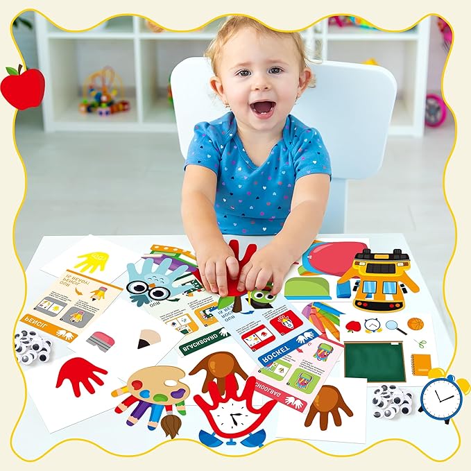 WATINC Back to School Handprint Art Craft - 12Pcs First Day of School Themed Easy DIY Kit, Pencil Bus Schoolbag Arts Supplies Preschool Classroom Hand Print Activity Party Favors for Kids Toddlers