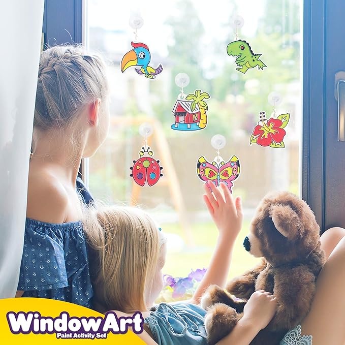 Creative Kids Window Paint Art Kit – Make Your Own Suncatchers Set – 24 Sun Catchers, 24 Suction Cups & 11 Paints – Suncatchers for Kids to Paint - DIY Window & Mirror Arts & Crafts Kit Children