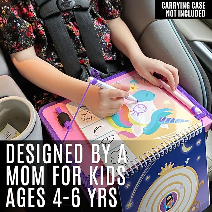 Kids Small Size Travel Educational Activity Books with Washable Markers (7"x7") - Car and Airplane Activities - Search and Find, Reusable Stickers for Ages 4, 5, 6 (Jungle & Princess)