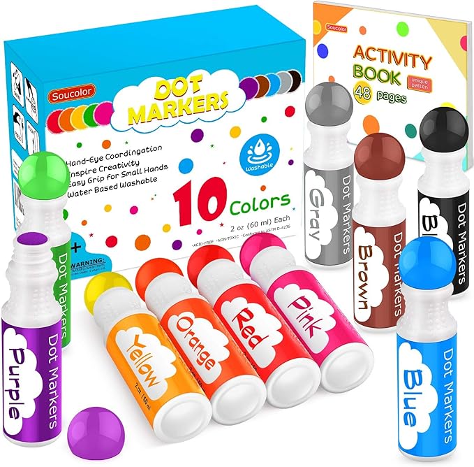 Easter Basket Stuffers, Soucolor Washable Dot Markers Easter Gifts for Toddlers Kids Preschool, 10 Colors 2 oz Bingo Daubers Paint Markers Set with 48 Pages Tearable Activity Book for Toddler Art Kits