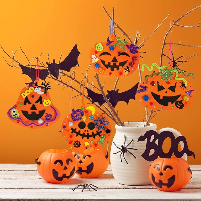 Winlyn 30 Kits Fall Halloween Pumpkin Decorations DIY Pumpkin Craft Kits Foam Pumpkin Shapes with Halloween Stickers Jack-O'-Lantern Face Stickers for Kids Gift Favors Art Project Classroom Activity