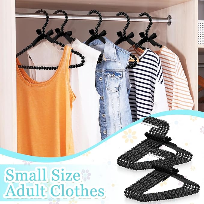 Threan Pearl Beaded Clothes Hanger Mini Pearl Beads Small Metal Clothes Hangers with Ribbon Standard for Kids Baby Children Pet Dog(Black,12 Pcs)