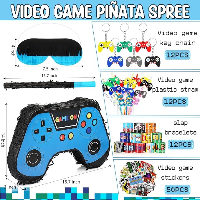 Meooeck 90 Video Game Party Favors Include Game Controller Piñata with Blindfold Baton Confetti Slap Bracelet Keychain Straw Sticker Gamer Party Favors Gamer Birthday Decorations for Theme(Blue)