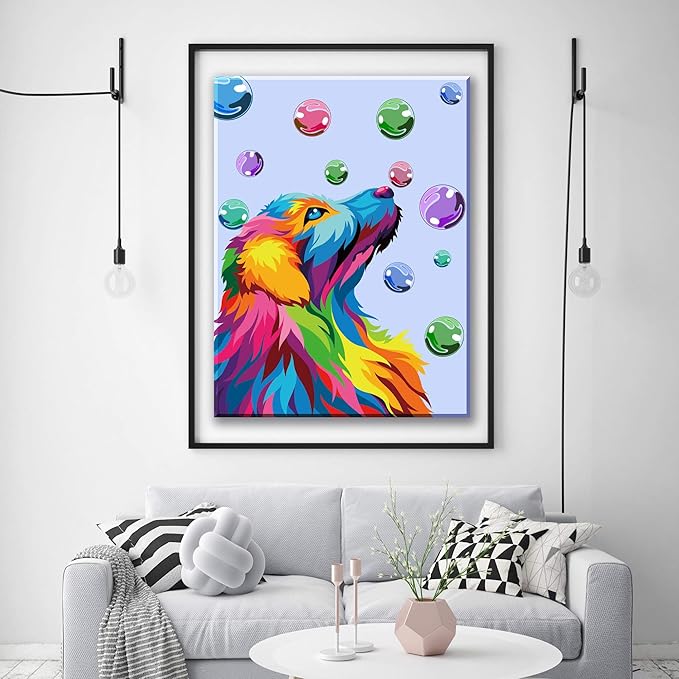 Paint by Numbers for Adults & Kids,DIY Oil Painting Kit – 12” x 16” Dog and Bubbles Pattern with Wooden Easel