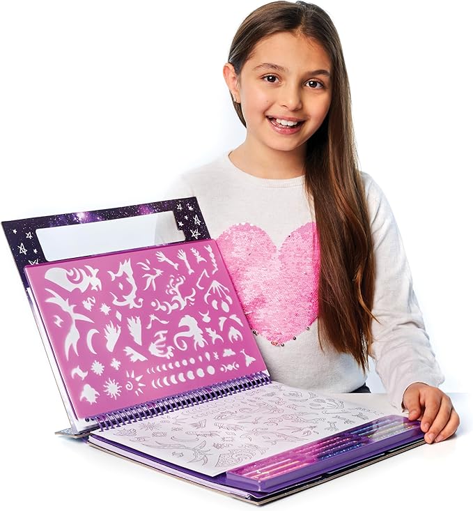 Nebulous Stars Fantasy Horses Sketchbook for Kids - 35 Large Stenciled Purple Pages - Comes with 80 Stencils