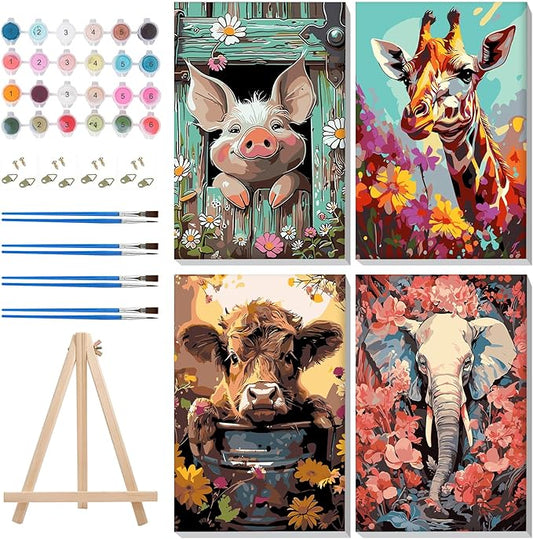 MISCER 4 Pack Animals Paint by Numbers for Adults Beginner, Paint by Number Kits with Easel, DIY Acrylic Oil Painting Suitable for Home Decoration (8 * 12 Inch)