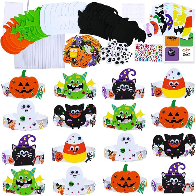 Winlyn 24 Sets Halloween Headbands Craft Kits Crown Art Sets Jack-o'-lantern Candy Corns Ghost Monster Bat Paper Hat with Halloween Foam Stickers for Kids Halloween Classroom Activities Party Favors