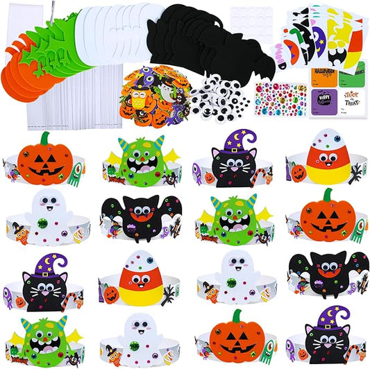 Winlyn 24 Sets Halloween Headbands Craft Kits Crown Art Sets Jack-o'-lantern Candy Corns Ghost Monster Bat Paper Hat with Halloween Foam Stickers for Kids Halloween Classroom Activities Party Favors