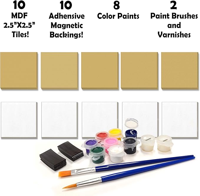 VHALE Paint Your Own Magnetic Fiberboard Tile Art, 10 Sets of MDF Tiles (2.5 x 2.5 inch) with Non Scratch Magnets, Fridge and School Locker Decor, Classroom Arts and Crafts, Party Favor for Kids
