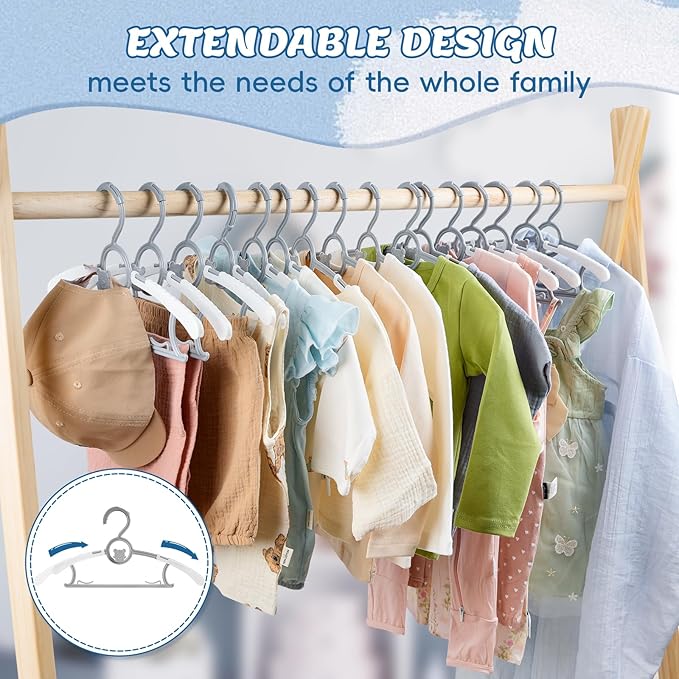 Baby Hangers 60 Pack Kids Hangers-Extendable Adjustable Non-Slip Plastic Kid Hangers for Closet，Stackable Baby Clothes Hangers for Toddler Kids Children Infant Teen,Grey Bear Toddler Hangers