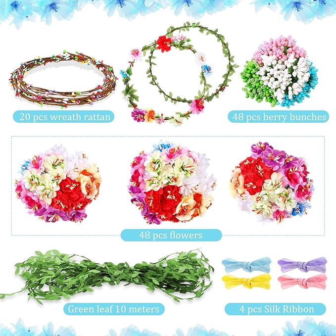 Syhood Mini Plum Blossom Crowns Making Kit, 120 Pcs Parts, Make Your Own Flower Crown Wreath Headbands and Bracelets Craft Kit Hair Accessories Handmade DIY Floral Crown Garland Kit Presents