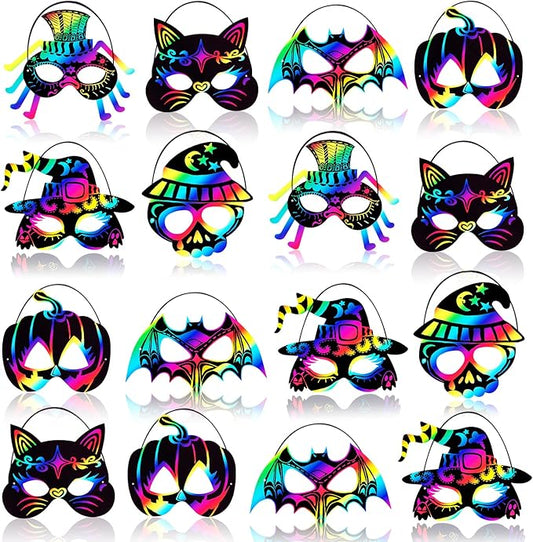 Max Fun 36PCS Halloween Rainbow Scratch Mask, Art Craft Kit for Kids Birthday Cosplay Classroom Decoration, Magic Scratch Paper Halloween Party Favor Supplies Bat Witch Pumpkin Zombie Pirate Skull