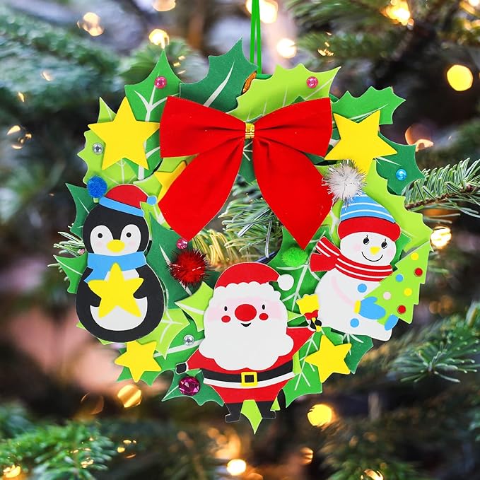 Winlyn 12 Sets Christmas Craft Kits DIY Christmas Wreath Ornaments Decorations Art Sets Snowman Santa Penguin Holly Leaf Christmas Foam Stickers Arts and Crafts for Kids Holiday Classroom Activities