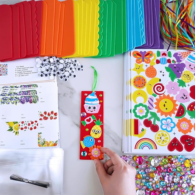 Winlyn 36 Sets Cute Crafts Kits DIY Colorful Whimsical Bookmarks Decorations Art Sets Fruits Sweet Treats Animals Sun Rainbow Foam Stickers for Kids Classroom Activities Reading Rewards Party Favors