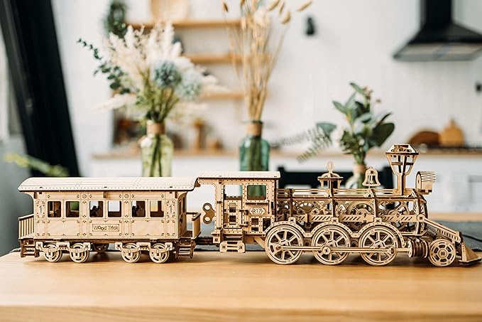 Wood Trick Wooden Toy Train Set with Railway - 34x7″ - Locomotive Train Toy Mechanical Model Kit - 3D Wooden Puzzles for Adults and Kids to Build - Engineering DIY Wooden Models for Adults to Build