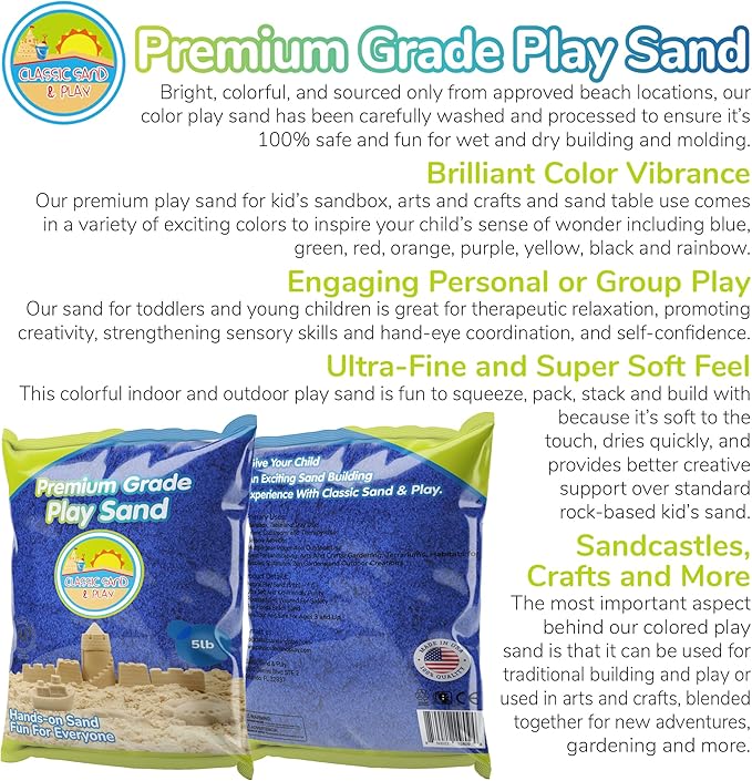 Classic Sand and Play Blue Colored Play Sand, 5 lb. Bag, Natural and Non-Toxic, Fun Wet and Dry Indoor and Outdoor, Sandbox, Therapy, and Table Use, Building, Stimulate Sensory Needs