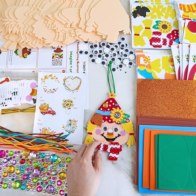 Winlyn 24 Sets Fall Craft Kits Autumn Scarecrow Crafts Fall Scarecrow Head Craft Kits Maple Leaves Pumpkins Harvest Foam Stickers Arts and Crafts for Kids Classroom Activities Holiday Party Favors