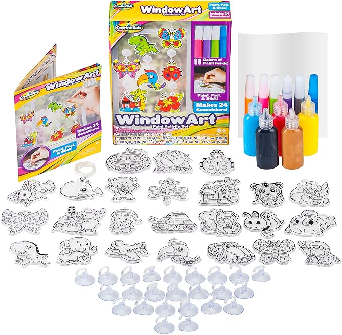 Creative Kids Window Paint Art Kit – Make Your Own Suncatchers Set – 24 Sun Catchers, 24 Suction Cups & 11 Paints – Suncatchers for Kids to Paint - DIY Window & Mirror Arts & Crafts Kit Children