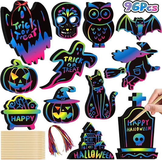 YEGEER 96PCS Halloween Craft Kit for Kids, Magic Scratch Off Paper Hanging Ornaments Set with 48pcs Wooden Stylus, 96pcs Cords for Halloween Games, Party Favors, Art Craft Supplies