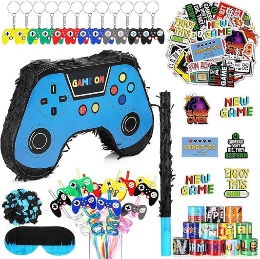 Meooeck 90 Video Game Party Favors Include Game Controller Piñata with Blindfold Baton Confetti Slap Bracelet Keychain Straw Sticker Gamer Party Favors Gamer Birthday Decorations for Theme(Blue)