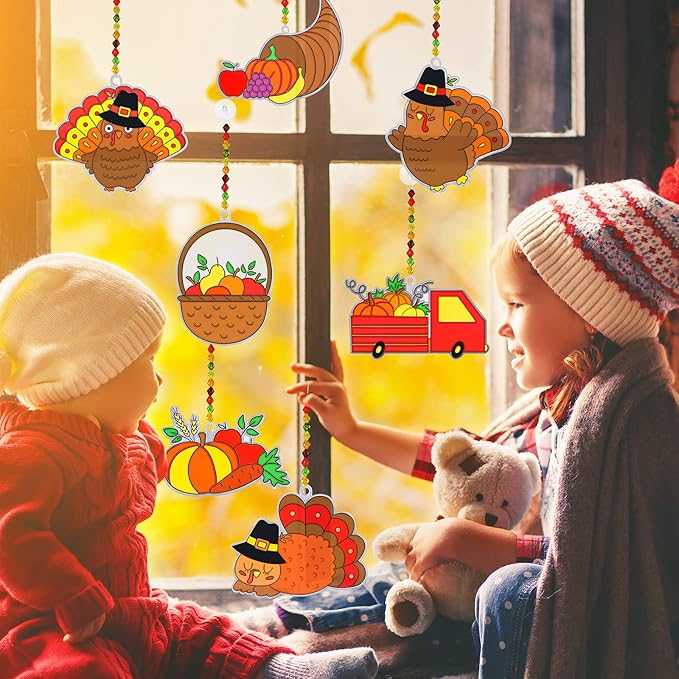 Winlyn 24 Sets Thanksgiving Suncatchers Ornaments Decorations DIY Window Paint Art Suncatchers Craft Kits Turkey Pumpkin Sun Catchers for Kids Classroom Activity Autumn Harvest Party Art Project