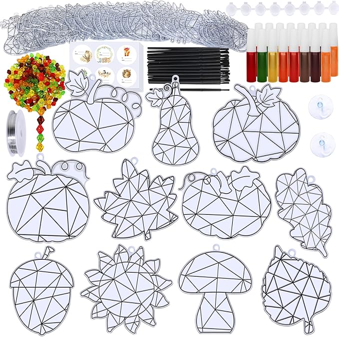 Winlyn 33 Sets Fall Leaf Pumpkin Acorn Sunflower Suncatchers Ornaments Decorations DIY Window Paint Art Suncatchers Craft Kits Autumn Sun Catchers for Kids Classroom Activity Thanksgiving Art Project