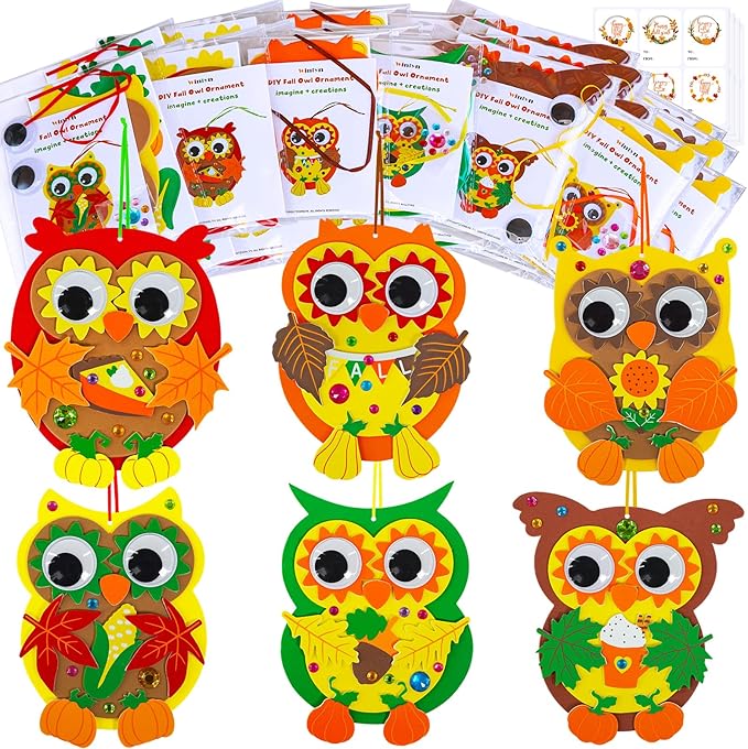Winlyn Fall Craft Kits DIY Fall Owl Ornaments Decorations 24 Individually Packaged Art Sets Kids Crafts Foam Owl Pumpkin Fall Leaf Stickers for Kids Autumn Thanksgiving Halloween Classroom Activities