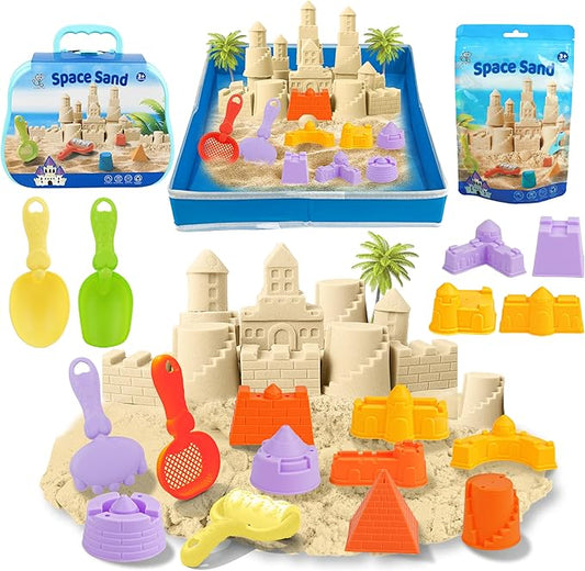 Play Sand Kit - Folding Sand Box with 1.1lbs Sensory Sand, Castle Molds & Foldable Tray - Sensory Bin Toys for Kids, Boys and Girls