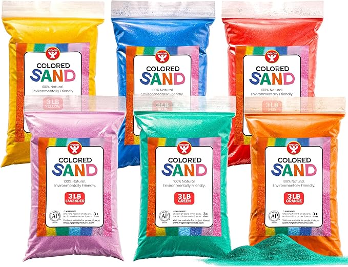 Hygloss Colored Play Sand – Assorted Craft Sand for Christmas Sand Art, 6 Vibrant Colors,3 lb Bags – Perfect for Holiday Gifts, DIY Decorations, and Creative Christmas Crafts - 18 lb Total